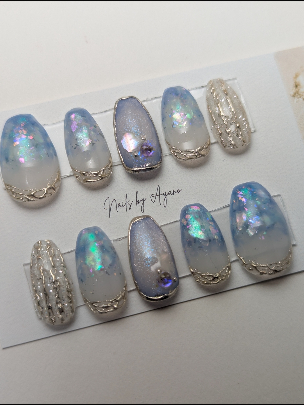 Blue Aurora Hand painted Press-On Nails | Chrome Accent